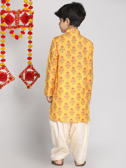 Vastramay Mustard And Cream Floral Printed Linen Siblings Set